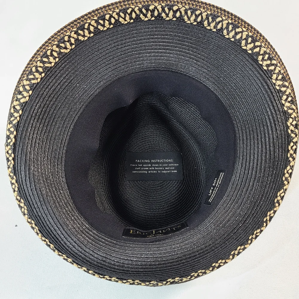 Eric Javits Black Straw Fedora Style SPF Sun Hat Neutral Colors Small